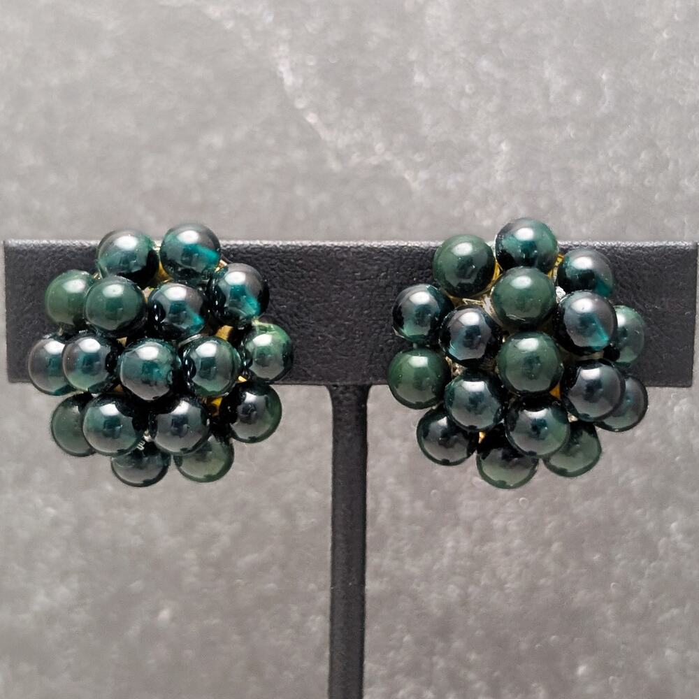Vintage Clip On Earrings Stunning Dark Green Domed Cluster 1" Statement